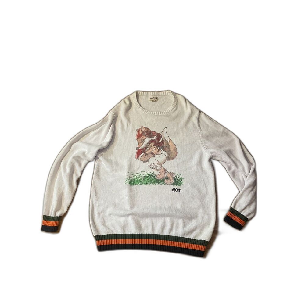 AKOO Whisper White Graphic Football Fox Embroidered Sweater 4XL Y2K Streetwear